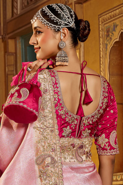 Gossamer Pink Pure Viscose Hand Embroidery Work Saree With Stitched Blouse