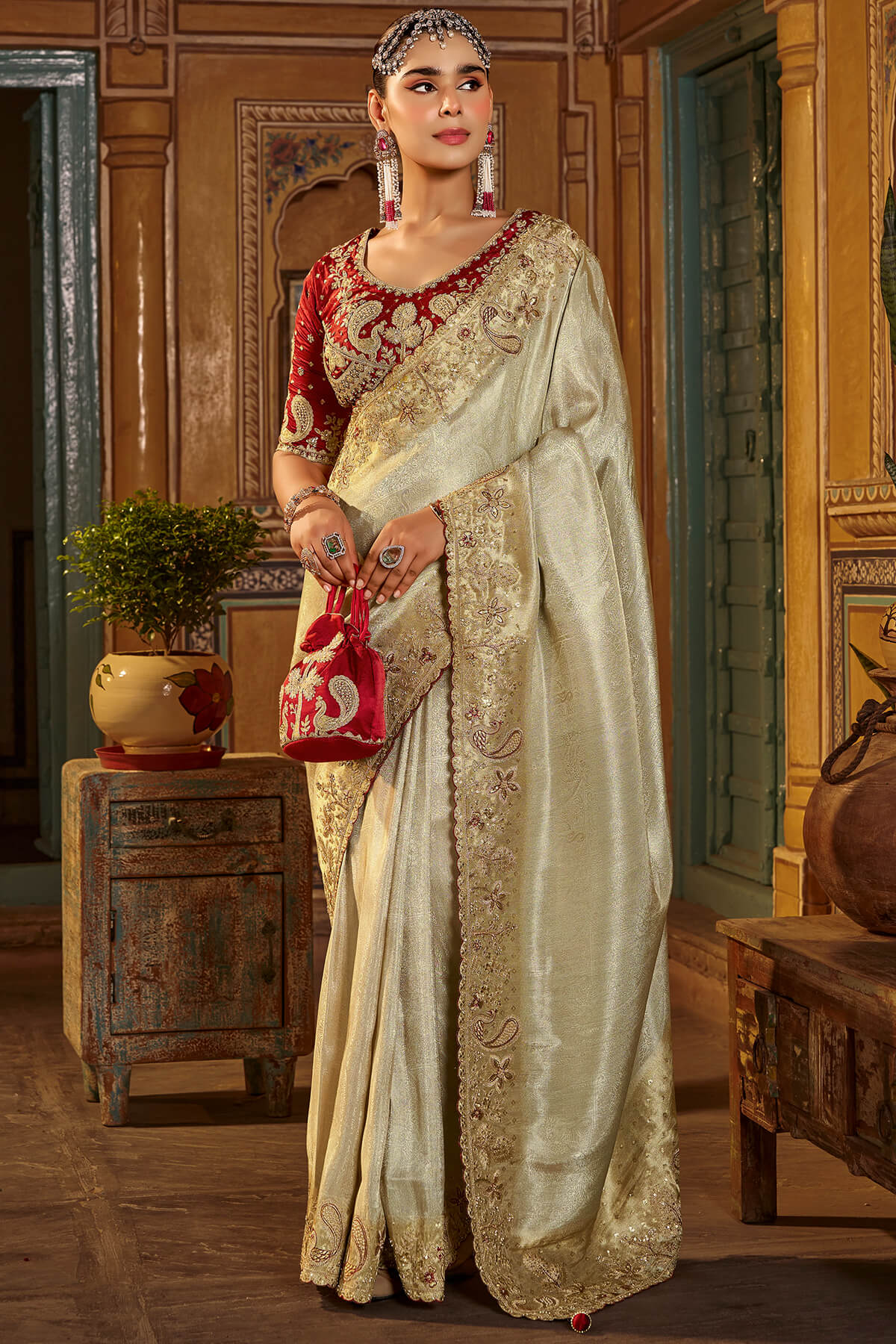 Delectable Beige Pure Viscose Hand Embroidery Work Saree With Stitched Blouse