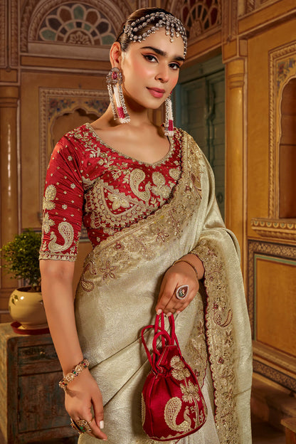Delectable Beige Pure Viscose Hand Embroidery Work Saree With Stitched Blouse