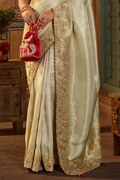 Delectable Beige Pure Viscose Hand Embroidery Work Saree With Stitched Blouse