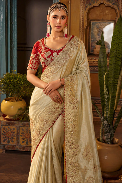 Delectable Beige Pure Viscose Hand Embroidery Work Saree With Stitched Blouse