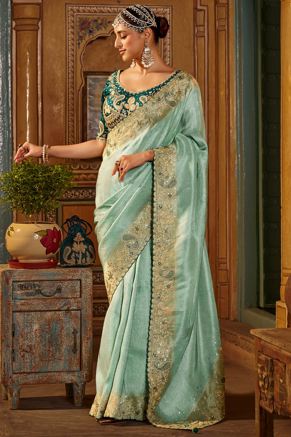 Phenomenal Turquoise Pure Viscose Hand Embroidery Work Saree With Stitched Blouse