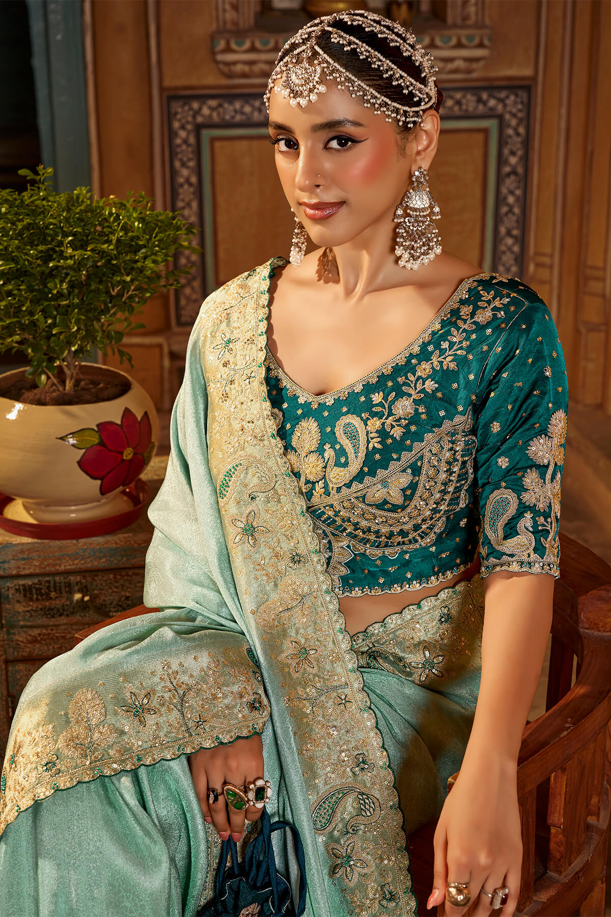 Phenomenal Turquoise Pure Viscose Hand Embroidery Work Saree With Stitched Blouse