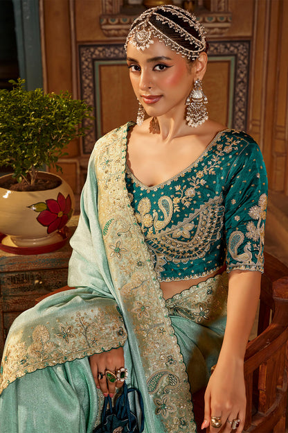 Phenomenal Turquoise Pure Viscose Hand Embroidery Work Saree With Stitched Blouse