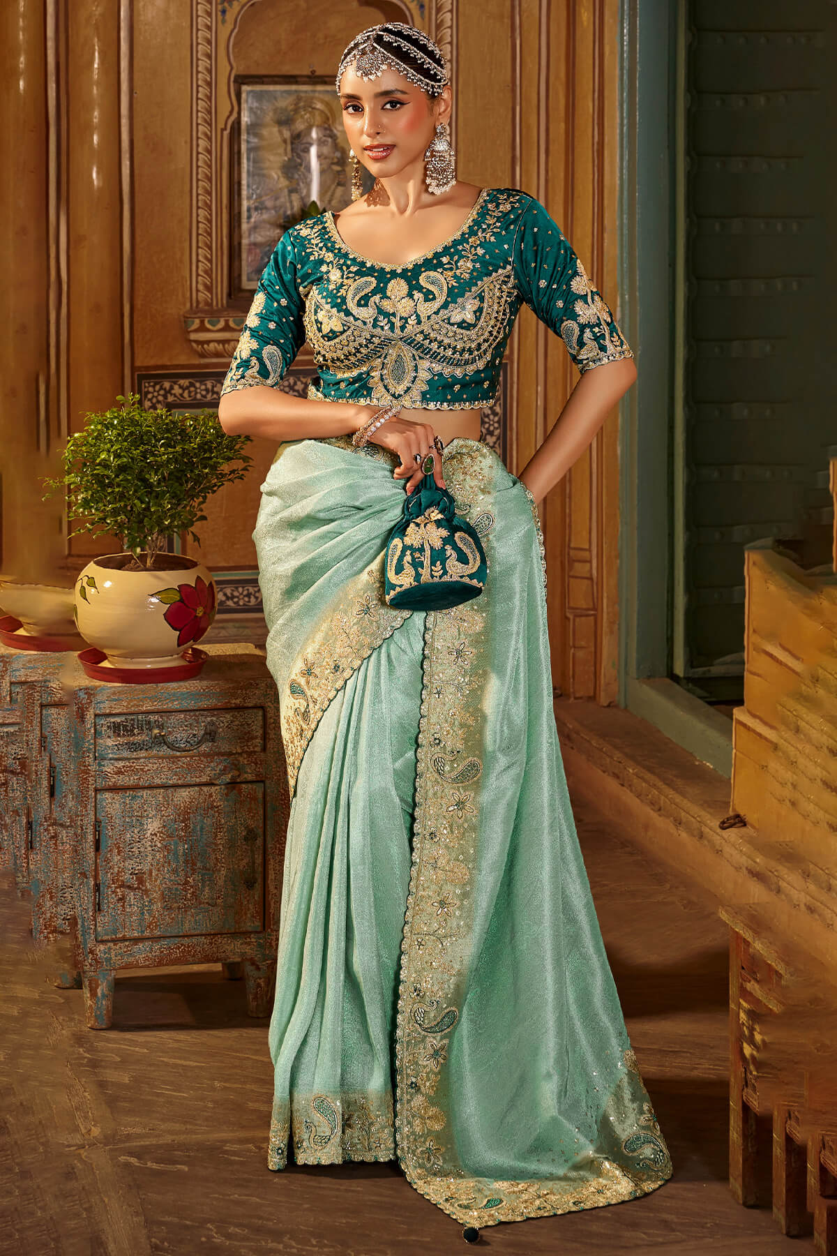Phenomenal Turquoise Pure Viscose Hand Embroidery Work Saree With Stitched Blouse