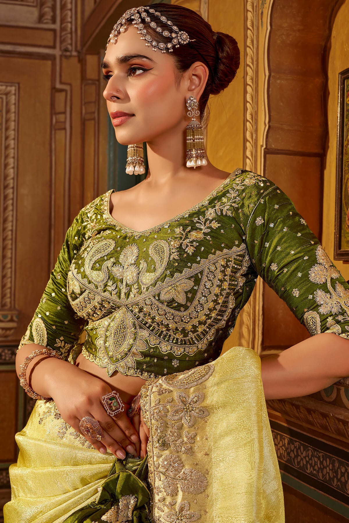 Elaborate Yellow Pure Viscose Hand Embroidery Work Saree With Stitched Blouse
