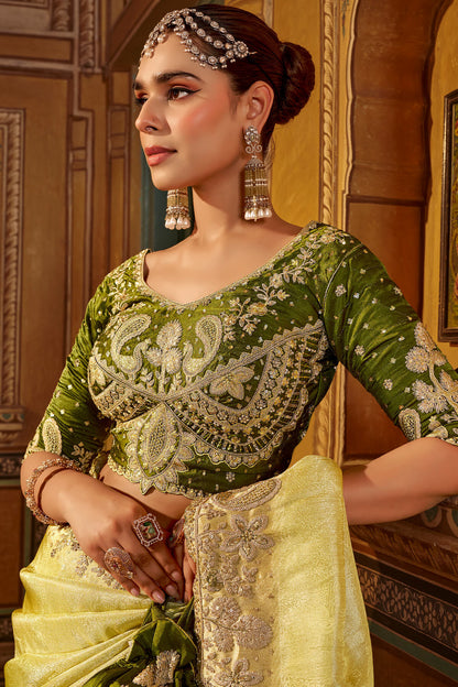 Elaborate Yellow Pure Viscose Hand Embroidery Work Saree With Stitched Blouse