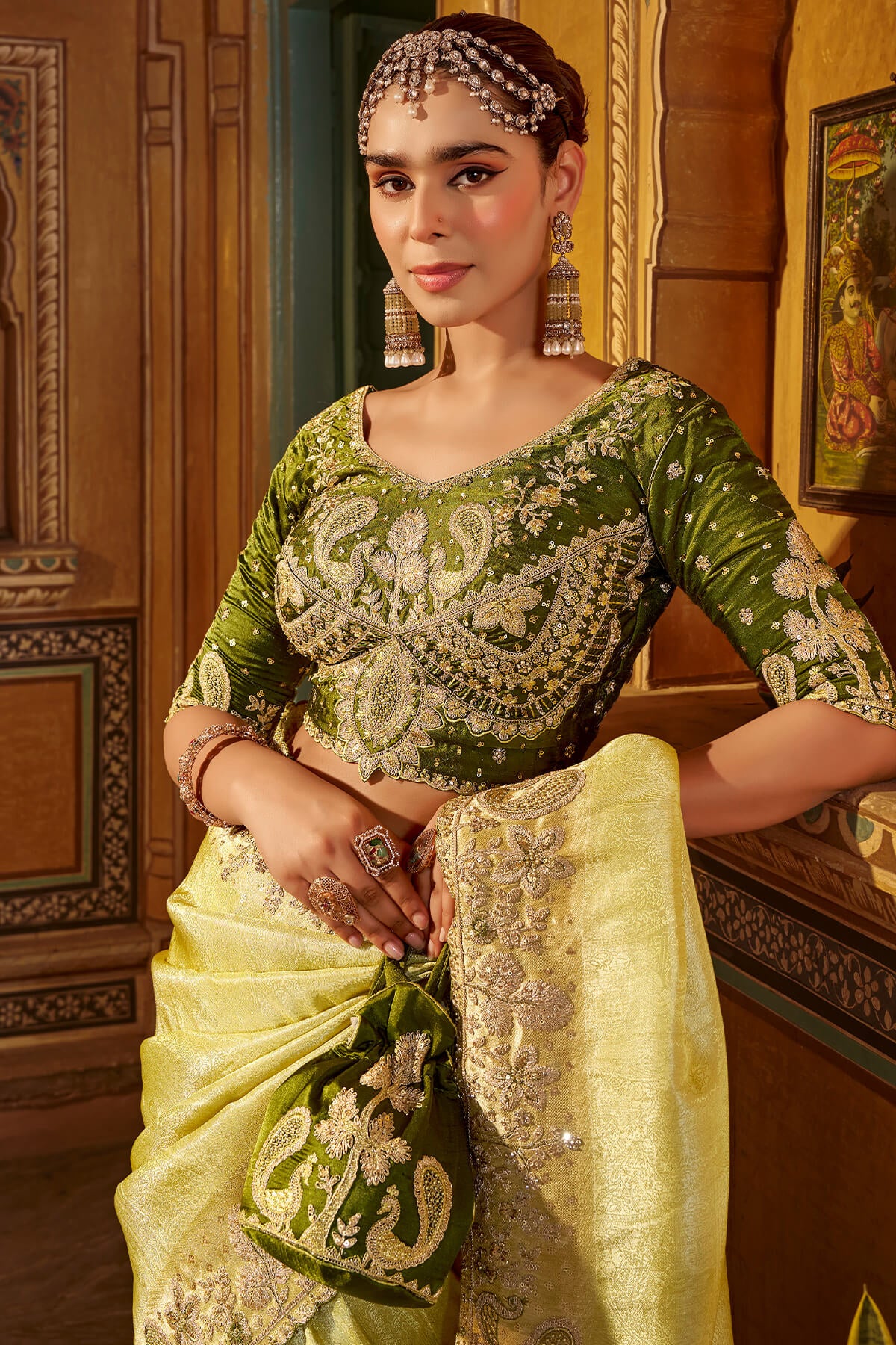 Elaborate Yellow Pure Viscose Hand Embroidery Work Saree With Stitched Blouse