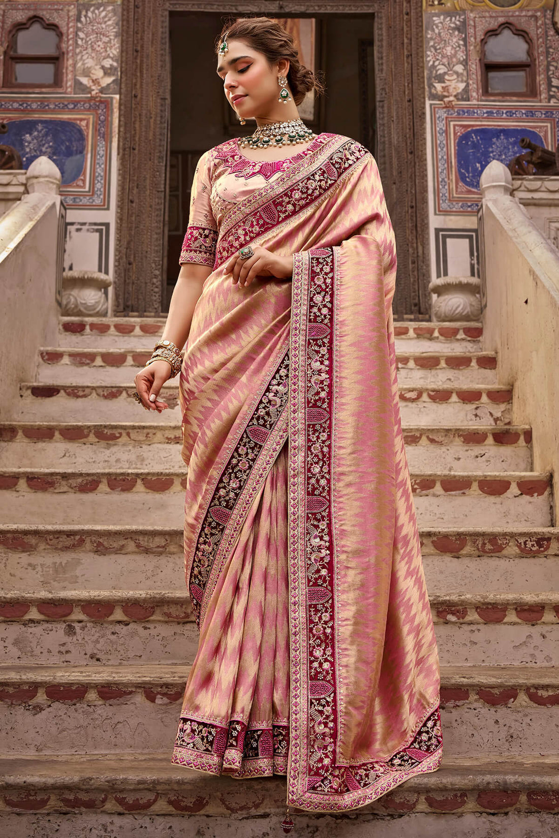 Eclat Pink Pure Viscose Hand Embroidery Work Saree With Stitched Blouse