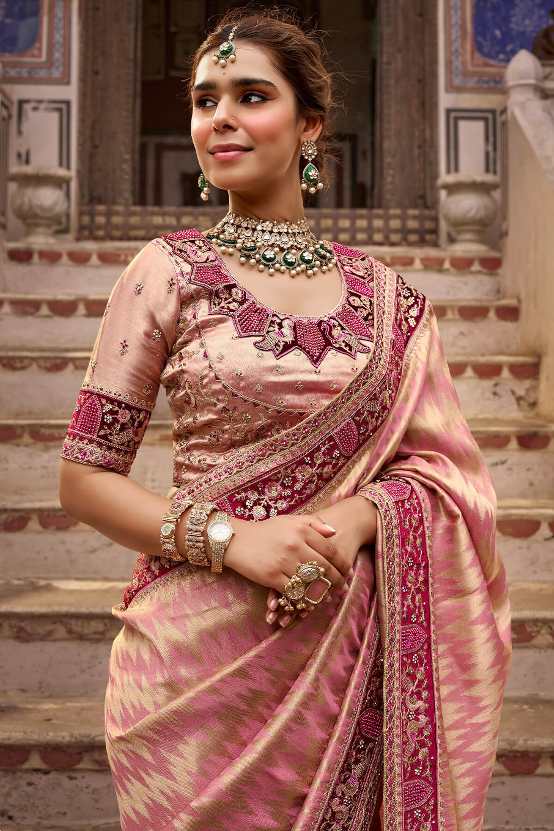 Eclat Pink Pure Viscose Hand Embroidery Work Saree With Stitched Blouse