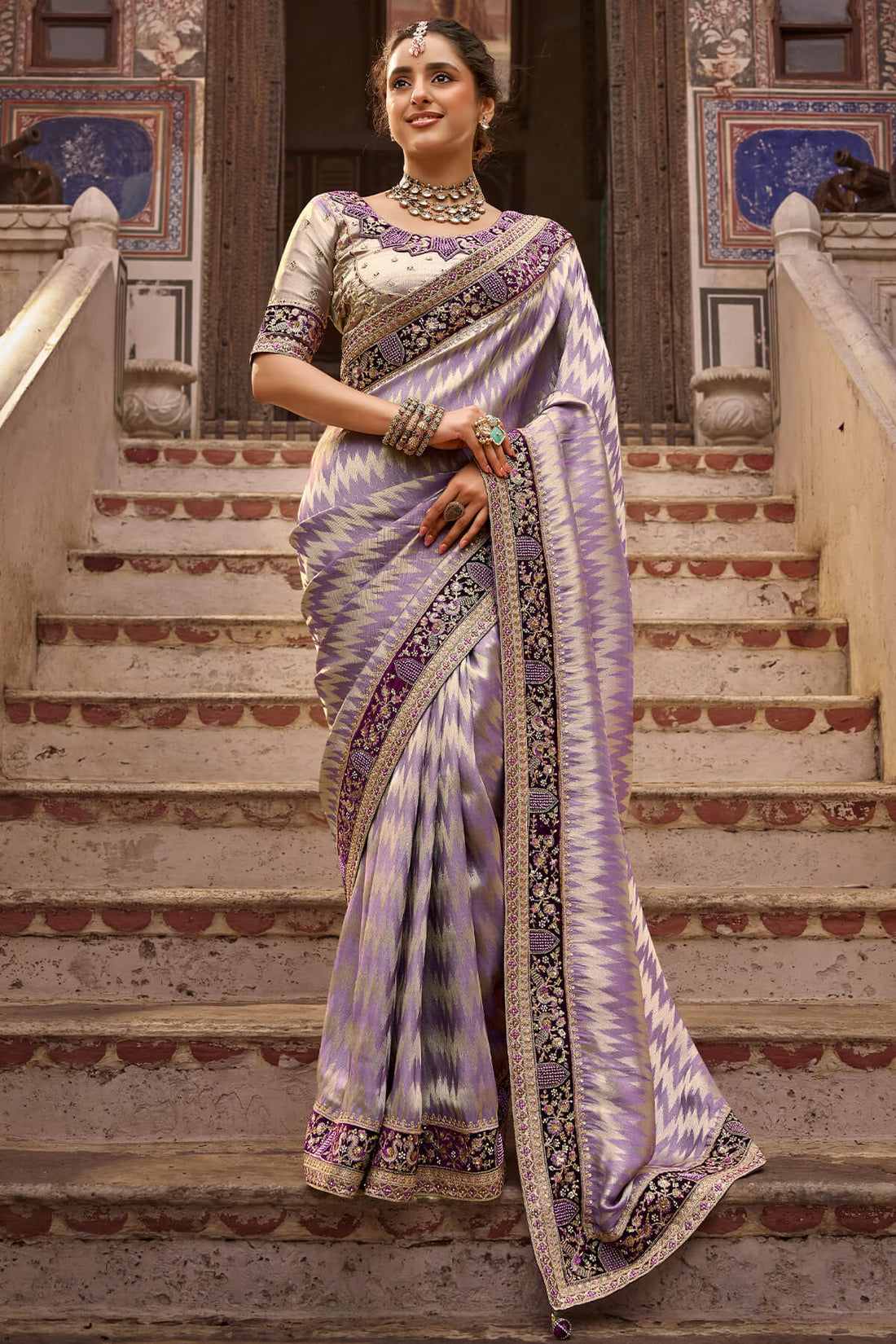 Confounding Lavender Pure Viscose Hand Embroidery Work Saree With Stitched Blouse