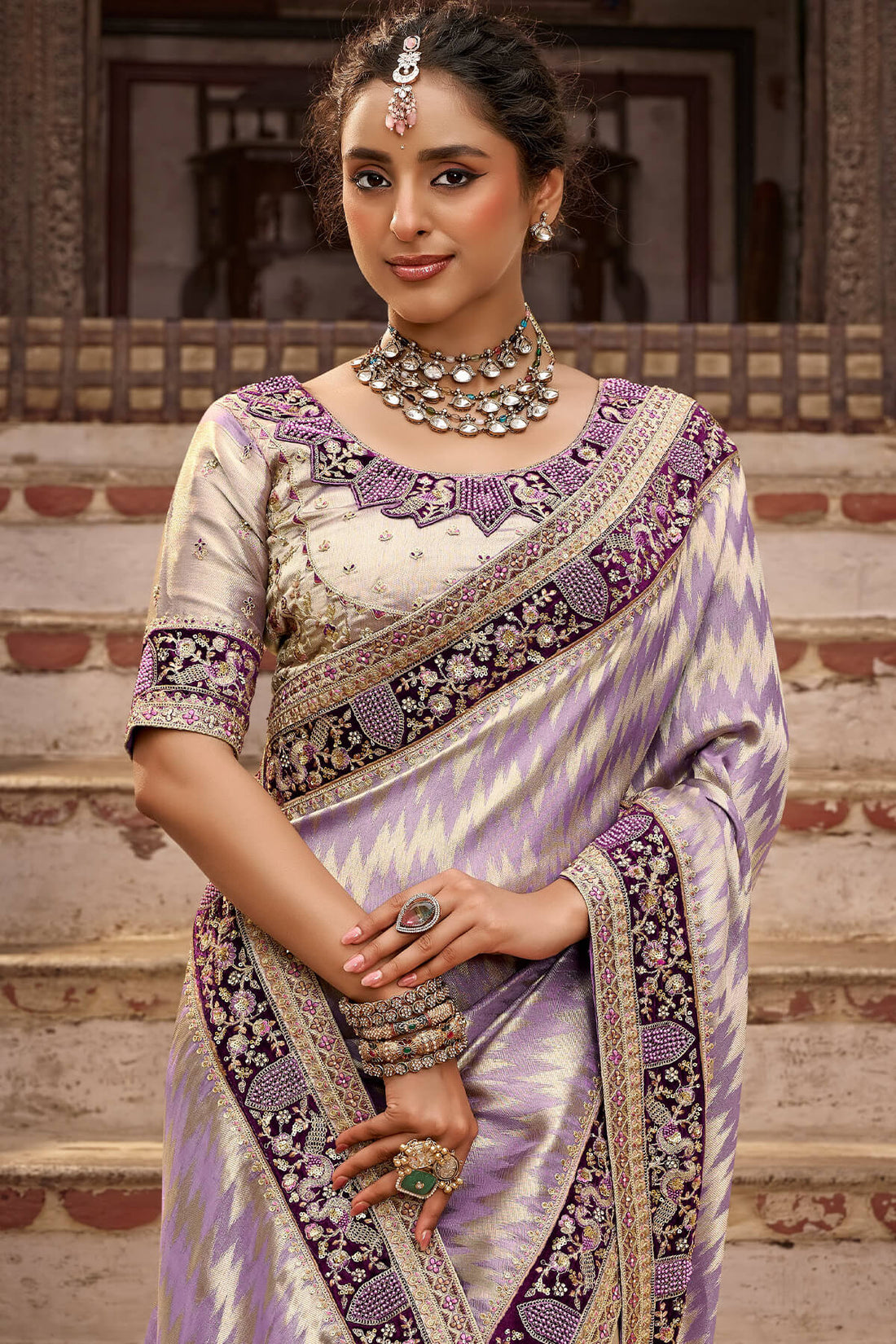 Confounding Lavender Pure Viscose Hand Embroidery Work Saree With Stitched Blouse