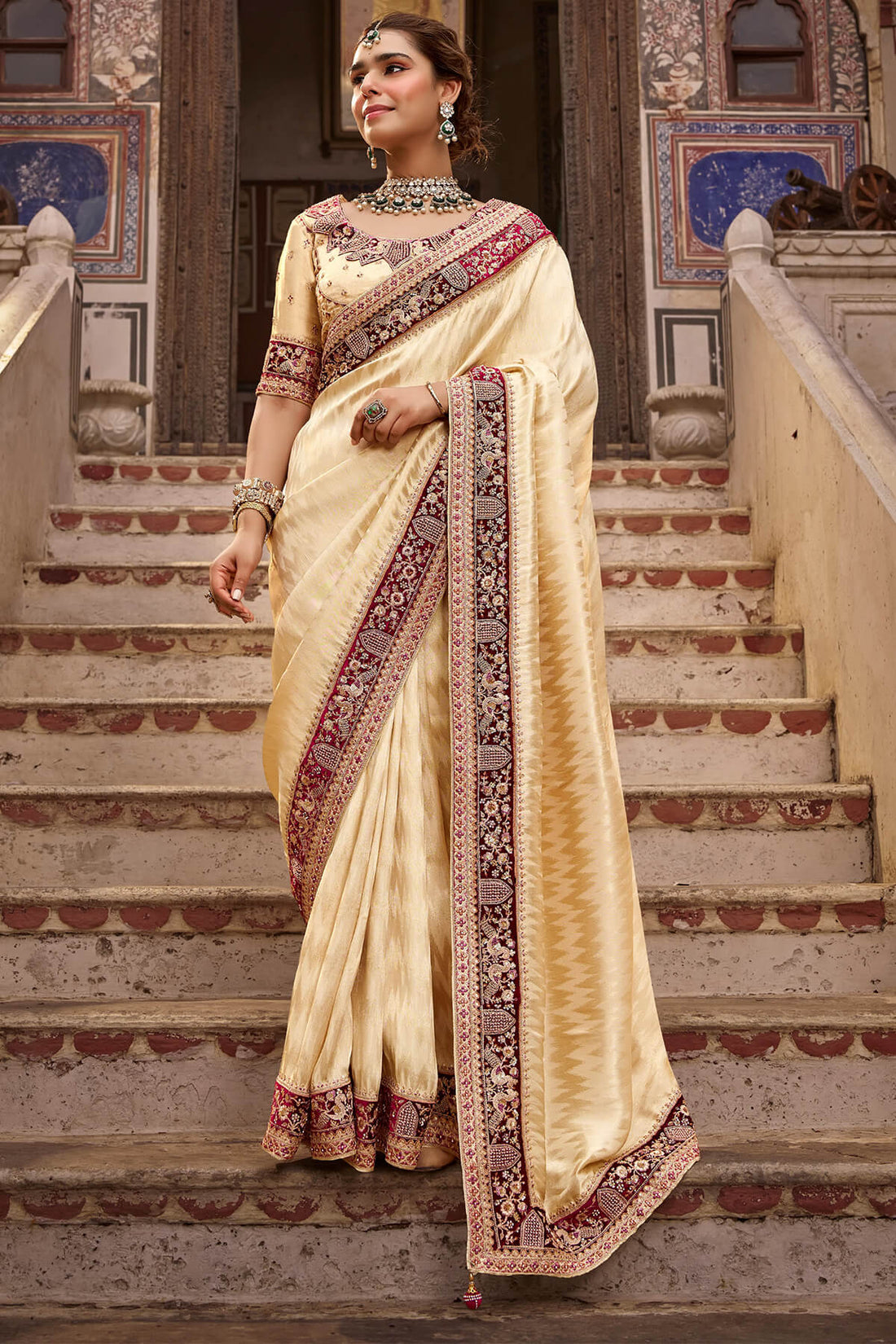 Lissome Beige Pure Viscose Hand Embroidery Work Saree With Stitched Blouse