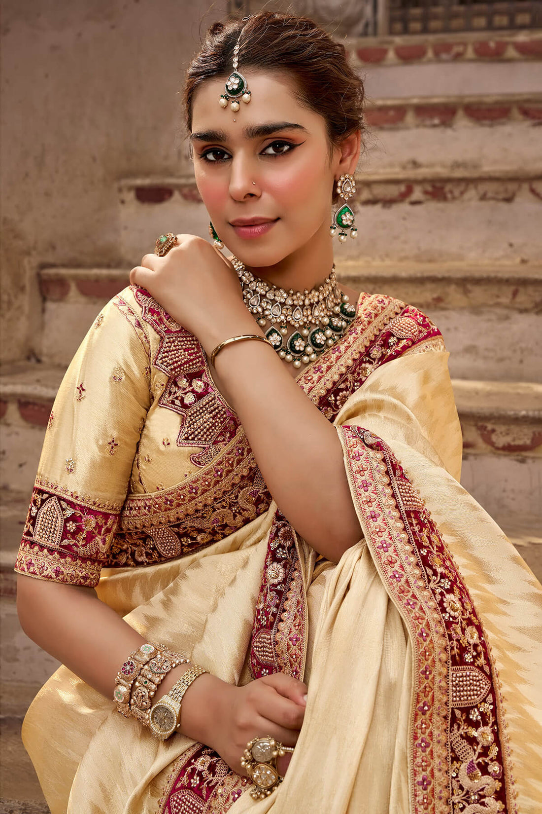 Lissome Beige Pure Viscose Hand Embroidery Work Saree With Stitched Blouse