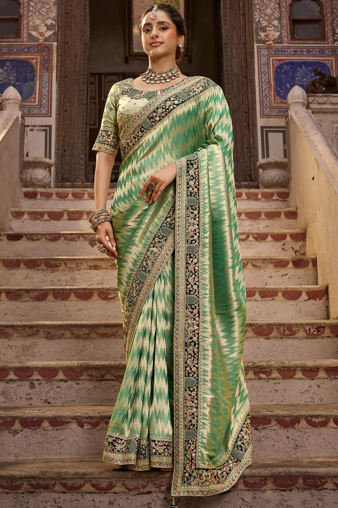 Embellished Green Pure Viscose Hand Embroidery Work Saree With Stitched Blouse