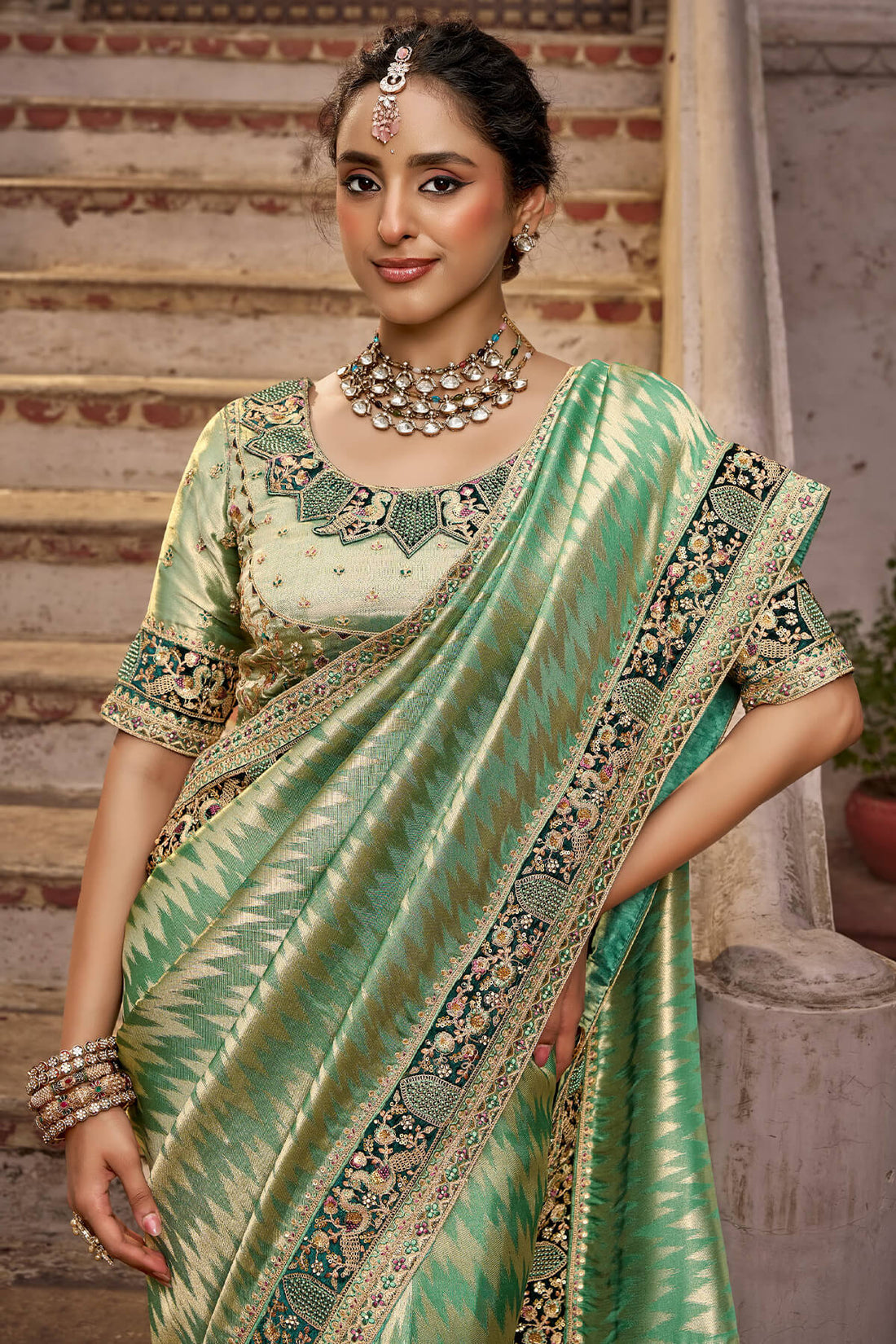 Embellished Green Pure Viscose Hand Embroidery Work Saree With Stitched Blouse