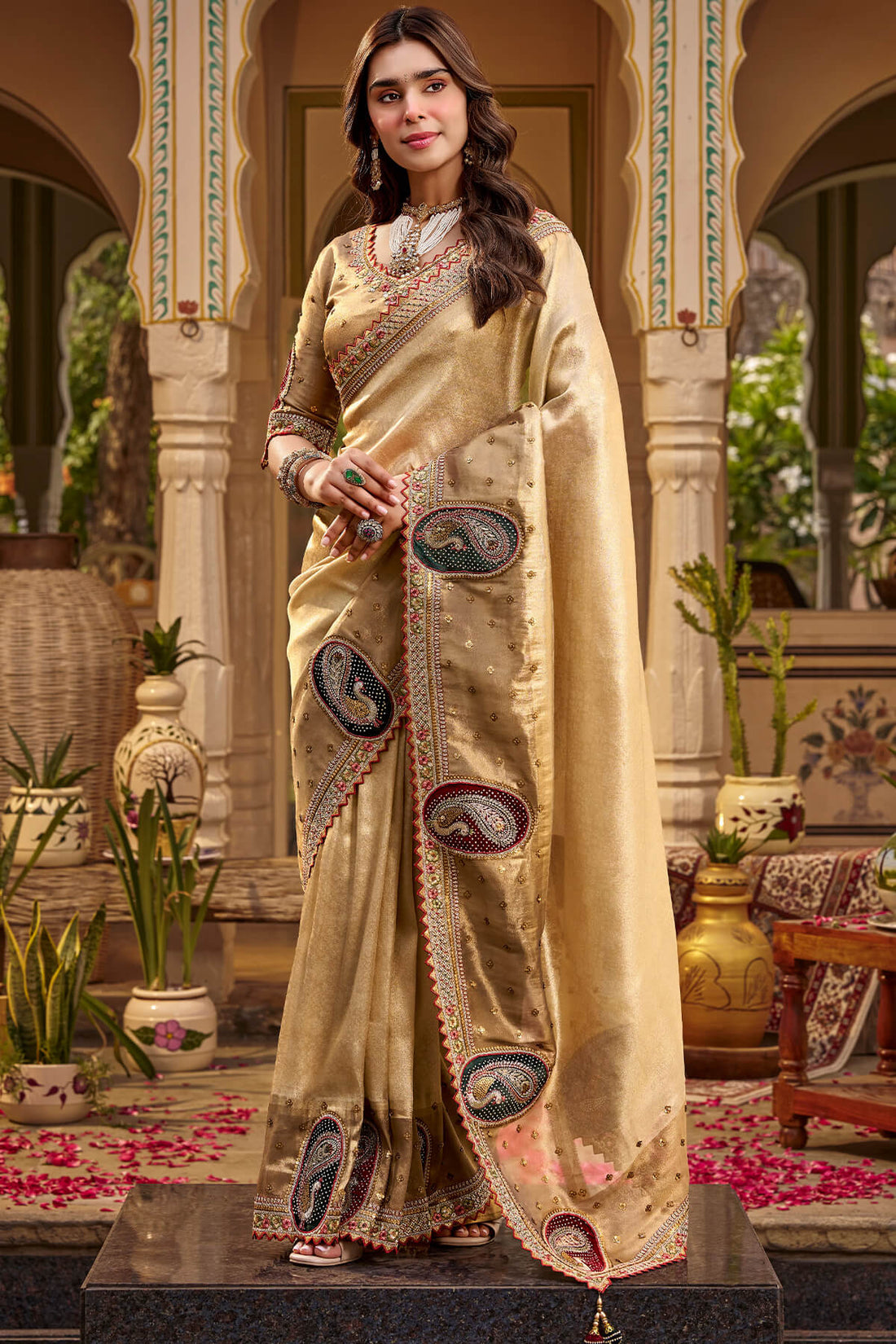 Invaluable Beige Pure Viscose Hand Embroidery Work Saree With Stitched Blouse