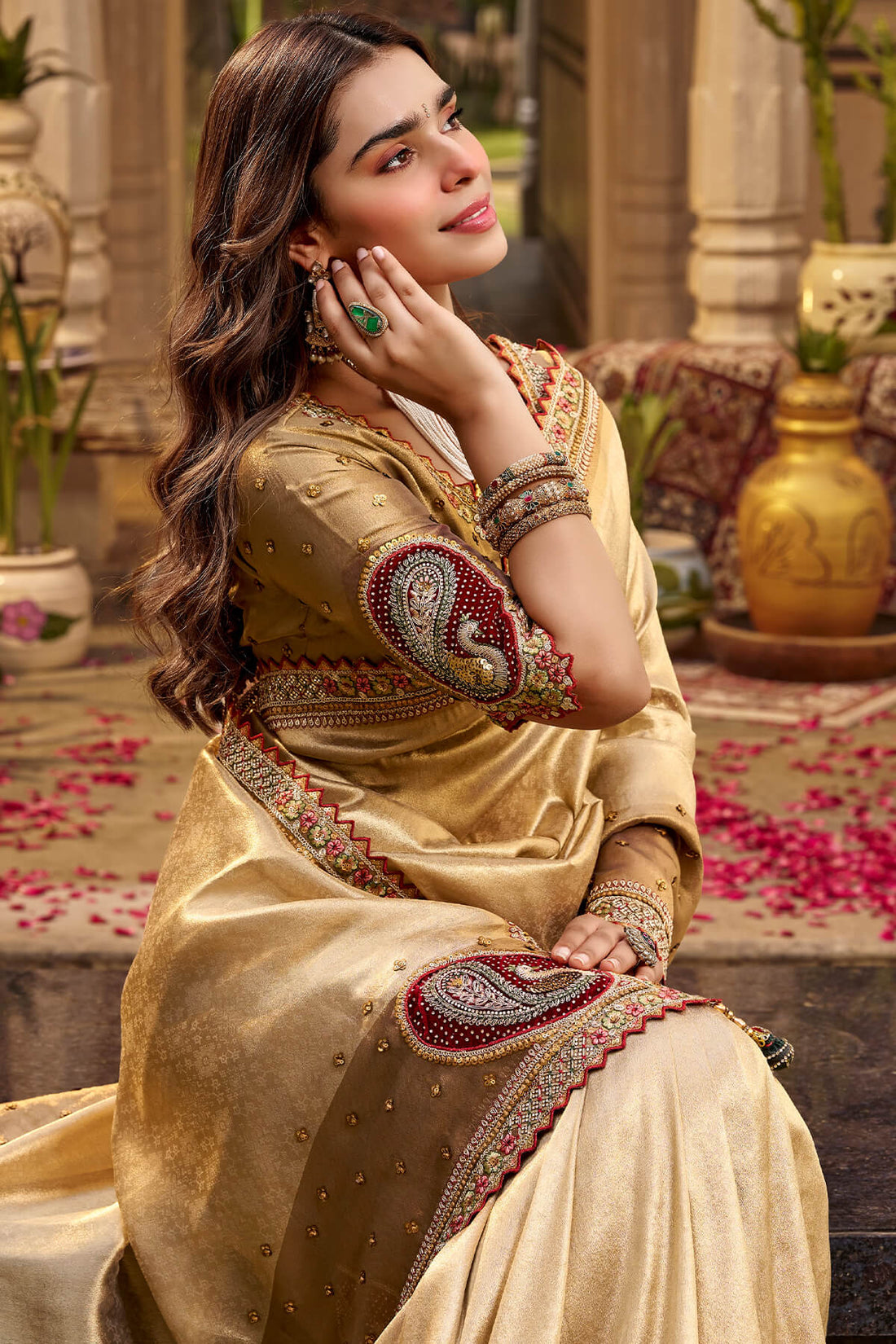 Invaluable Beige Pure Viscose Hand Embroidery Work Saree With Stitched Blouse