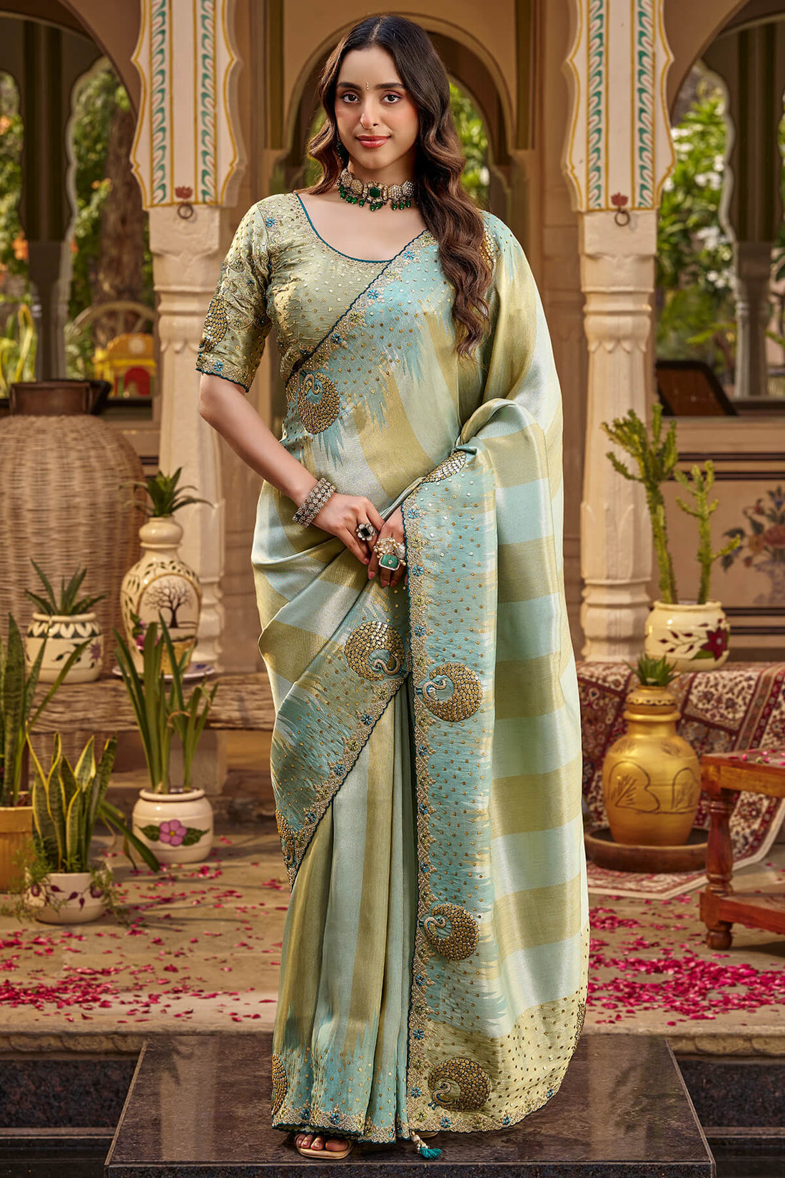 Conflate Sea Green Pure Viscose Hand Embroidery Work Saree With Stitched Blouse