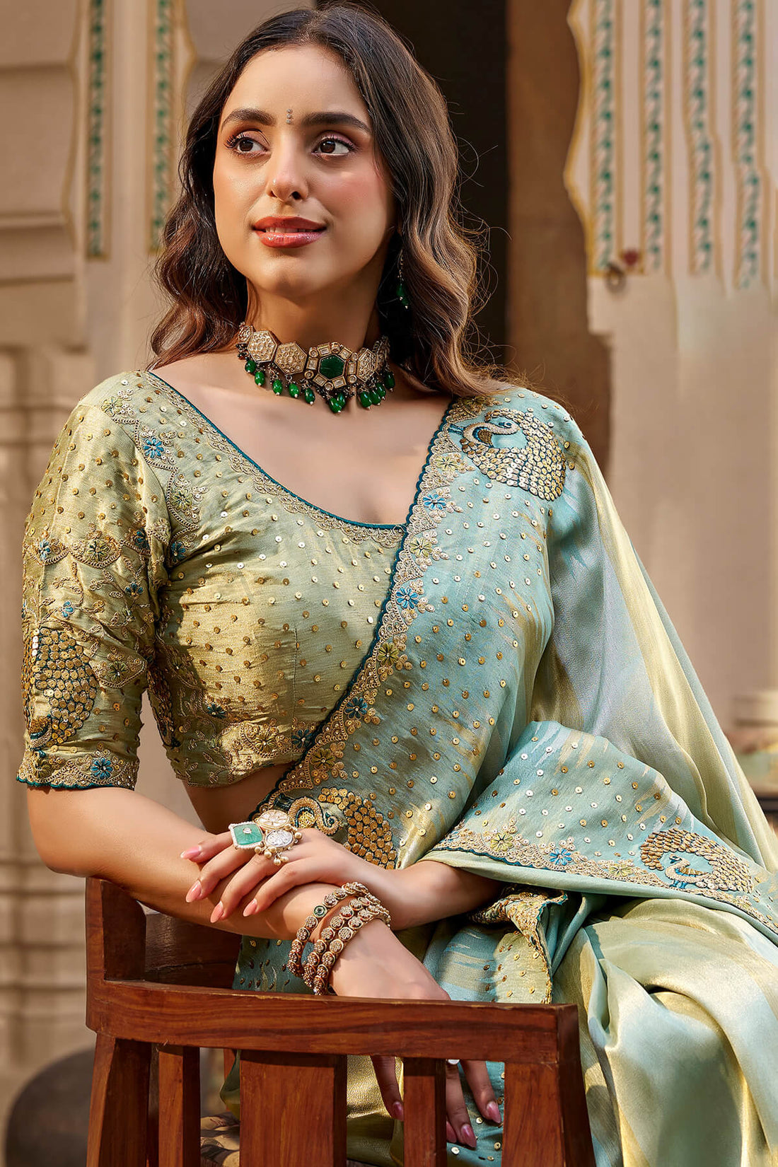 Conflate Sea Green Pure Viscose Hand Embroidery Work Saree With Stitched Blouse