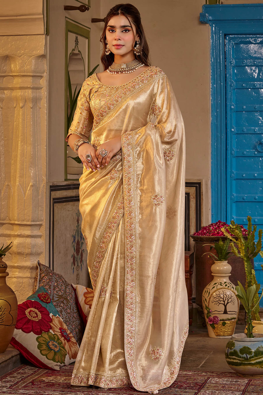 Aplomb Beige Pure Viscose Hand Embroidery Work Saree With Stitched Blouse
