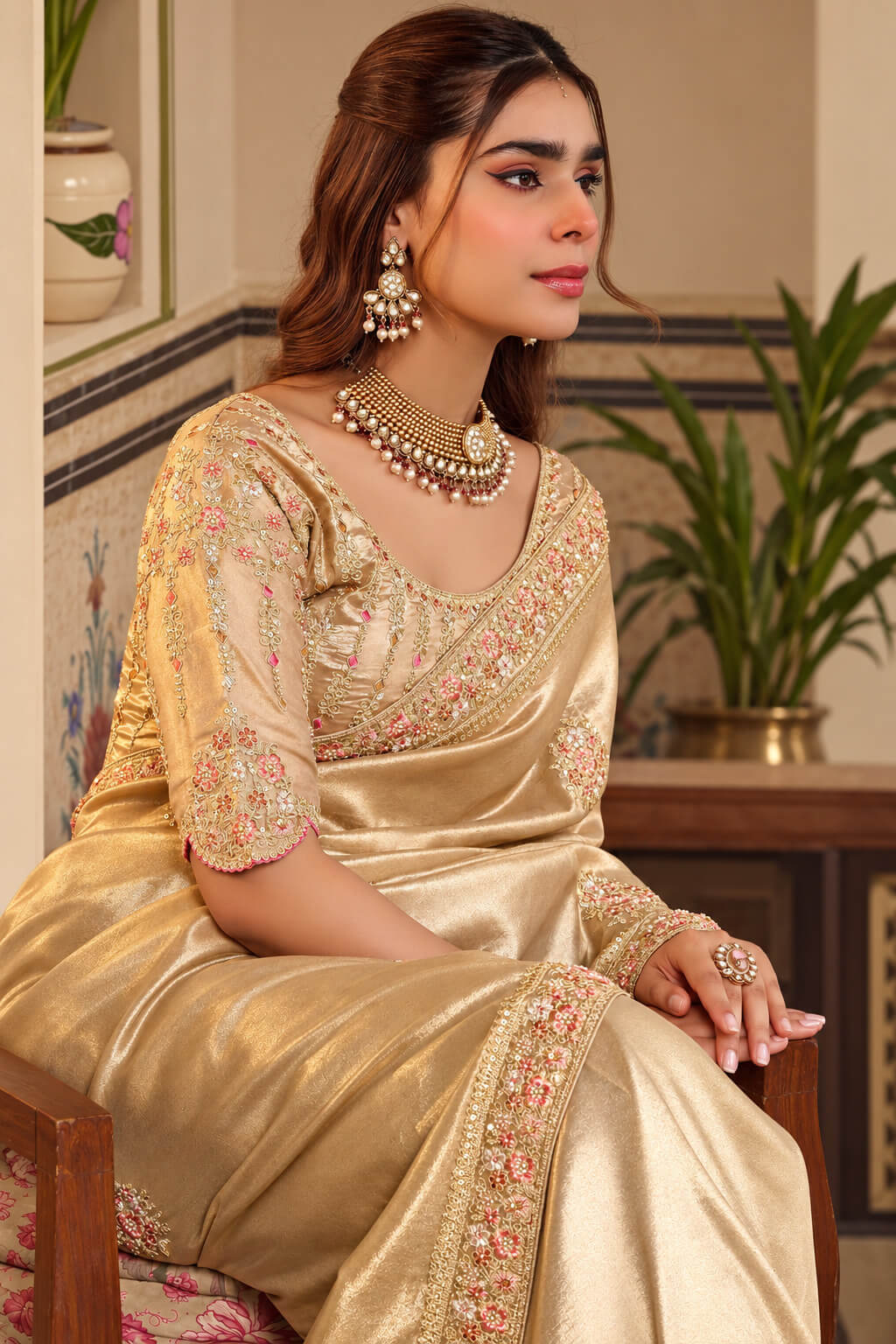 Aplomb Beige Pure Viscose Hand Embroidery Work Saree With Stitched Blouse