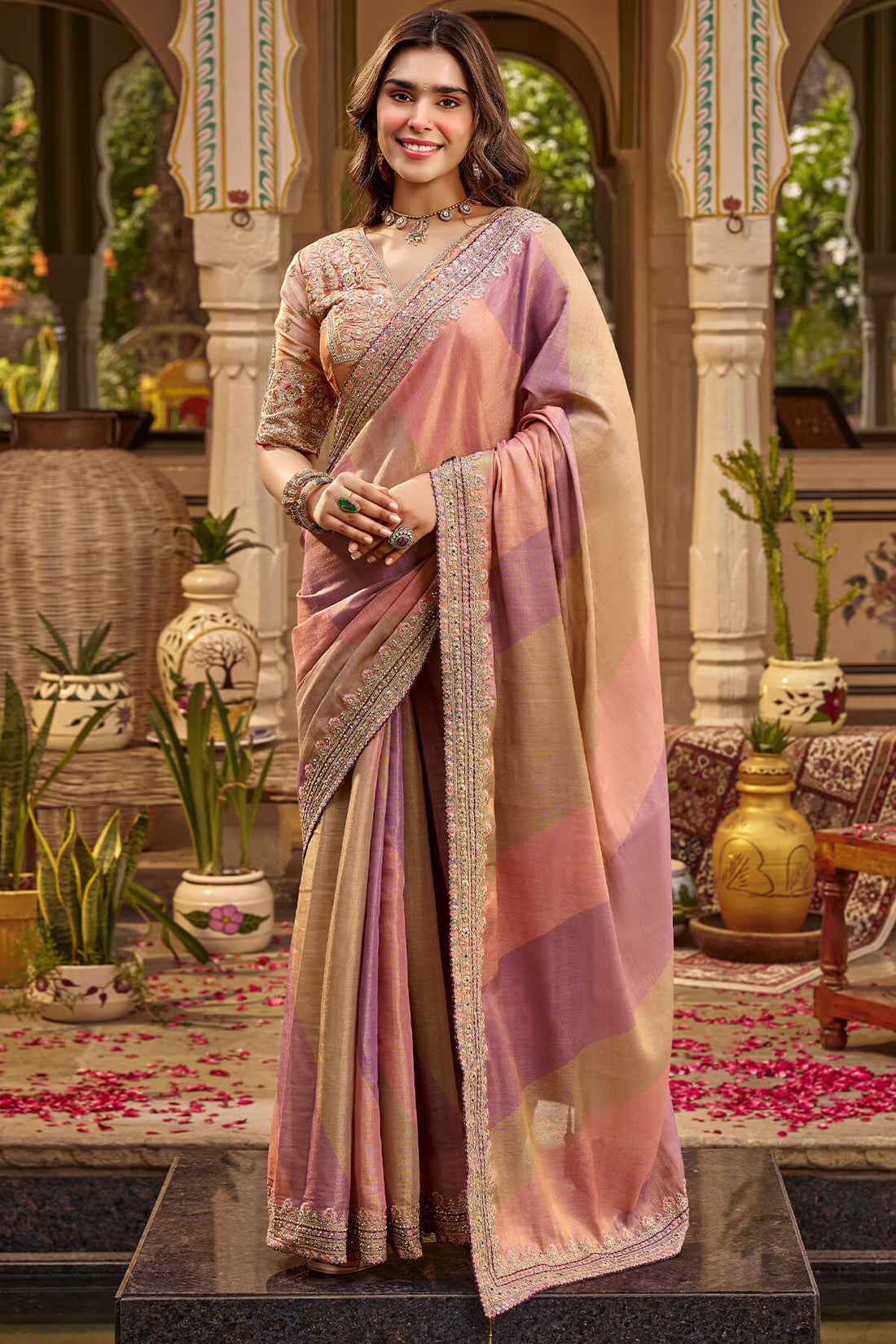 Dalliance Pink Pure Viscose Hand Embroidery Work Saree With Stitched Blouse
