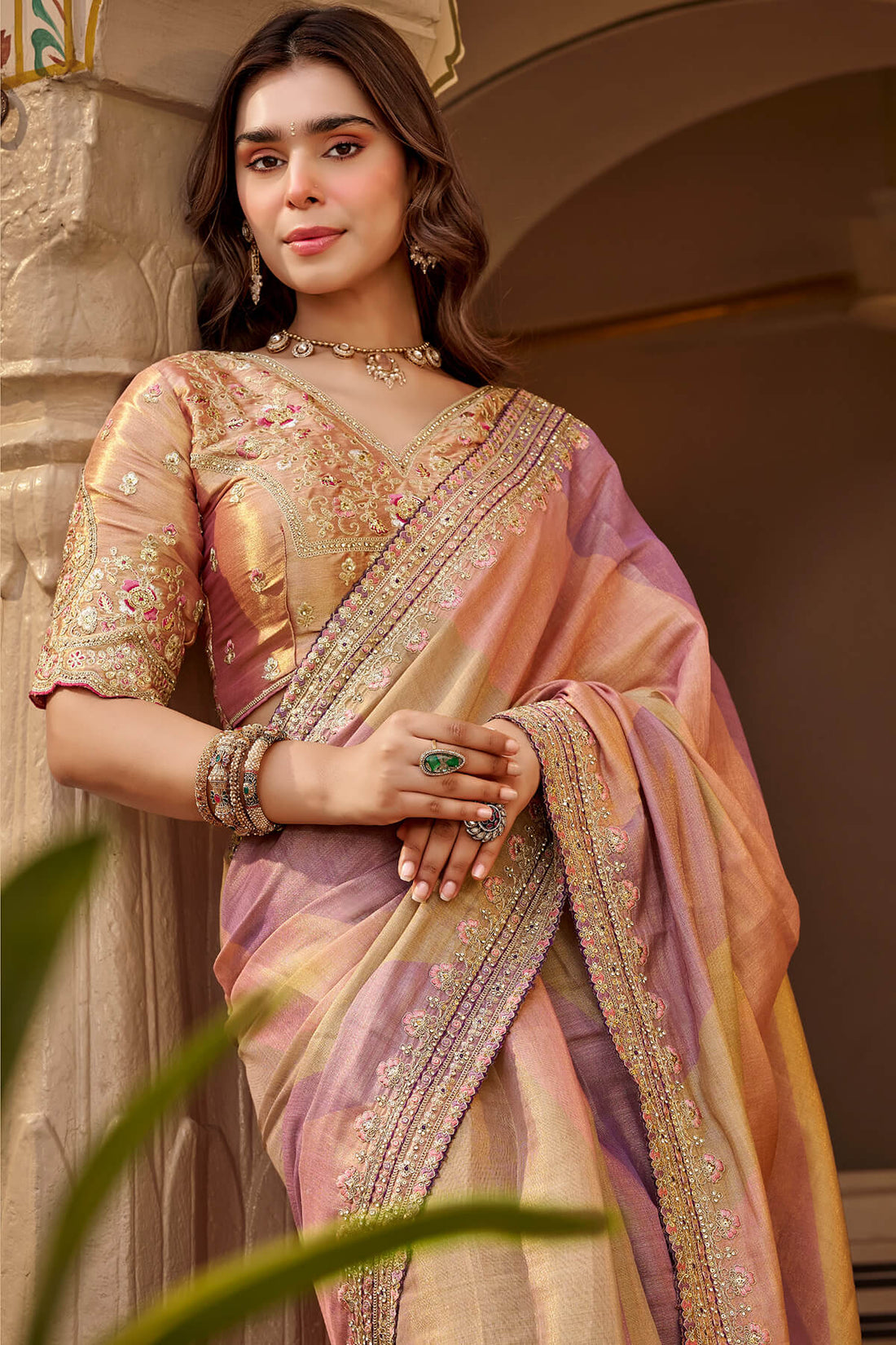 Dalliance Pink Pure Viscose Hand Embroidery Work Saree With Stitched Blouse