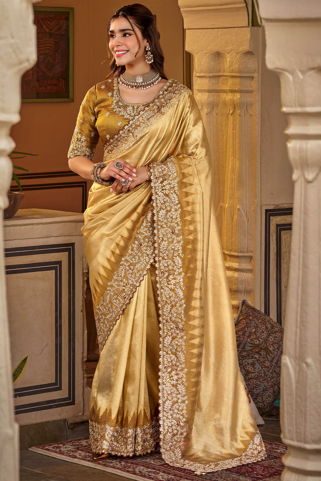 Symmetrical Golden Pure Viscose Hand Embroidery Work Saree With Stitched Blouse