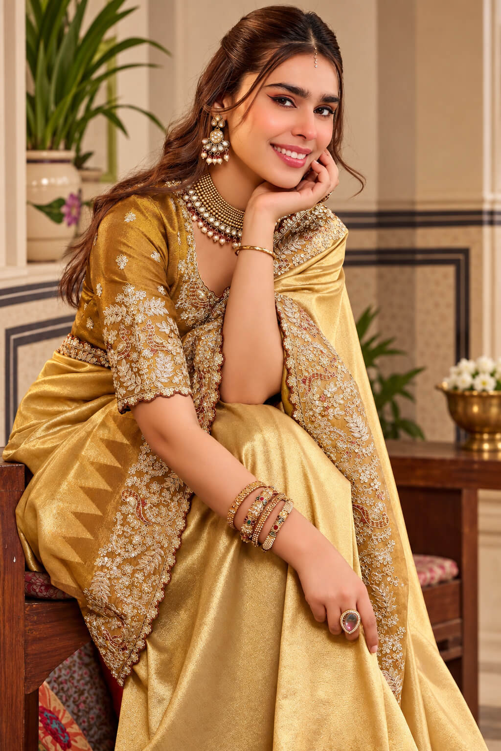 Symmetrical Golden Pure Viscose Hand Embroidery Work Saree With Stitched Blouse