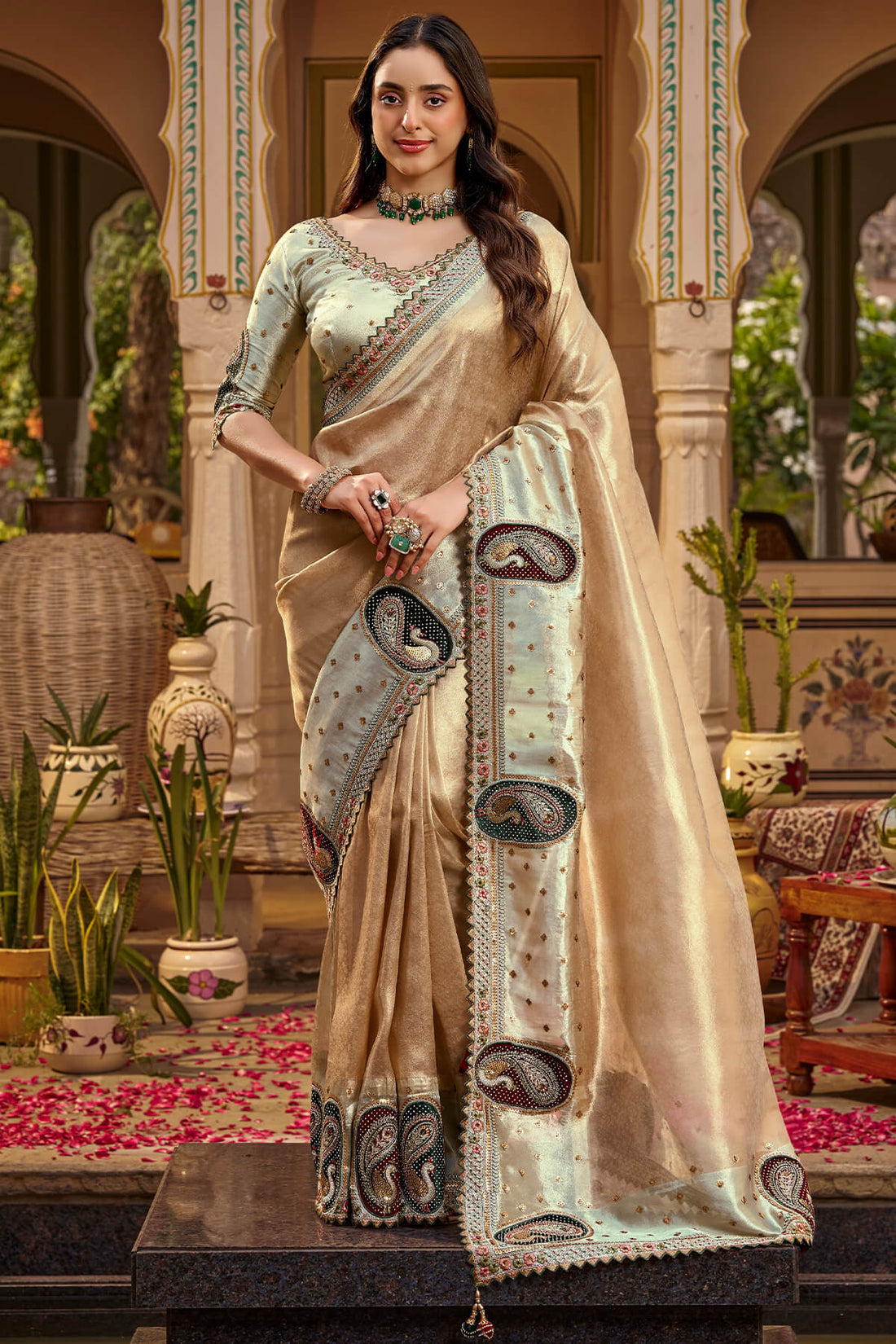 Skinny Light Brown Pure Viscose Hand Embroidery Work Saree With Stitched Blouse