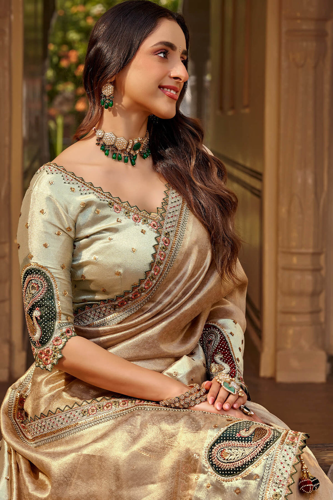 Skinny Light Brown Pure Viscose Hand Embroidery Work Saree With Stitched Blouse