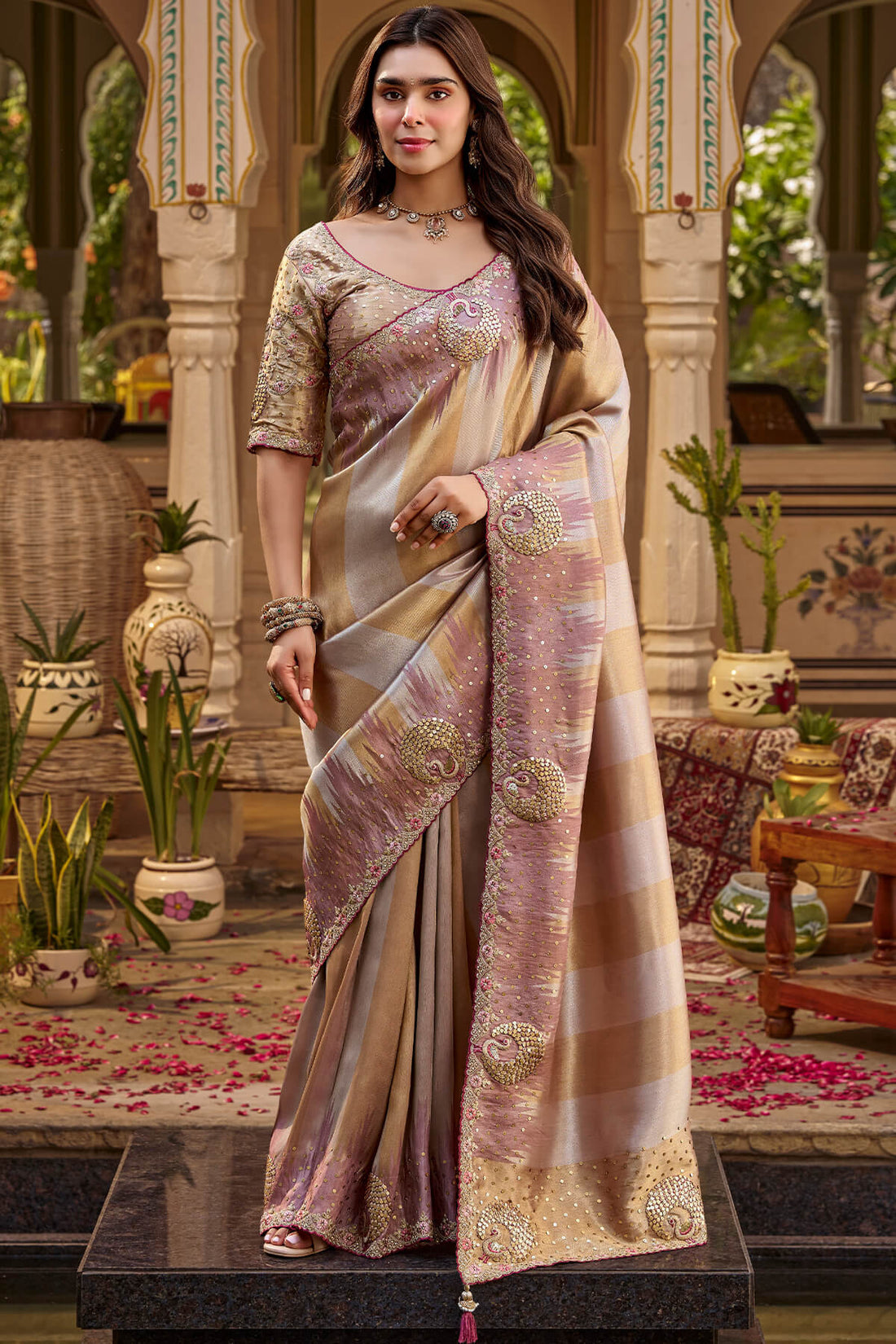 Splendiferous Lavender Pure Viscose Hand Embroidery Work Saree With Stitched Blouse