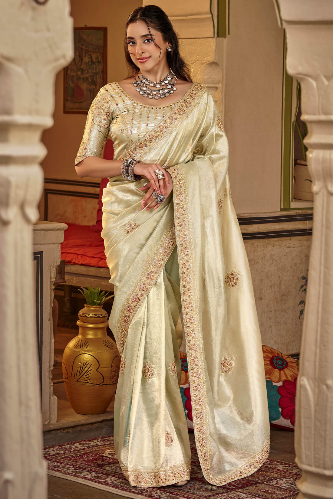 Whimsical Beige Pure Viscose Hand Embroidery Work Saree With Stitched Blouse