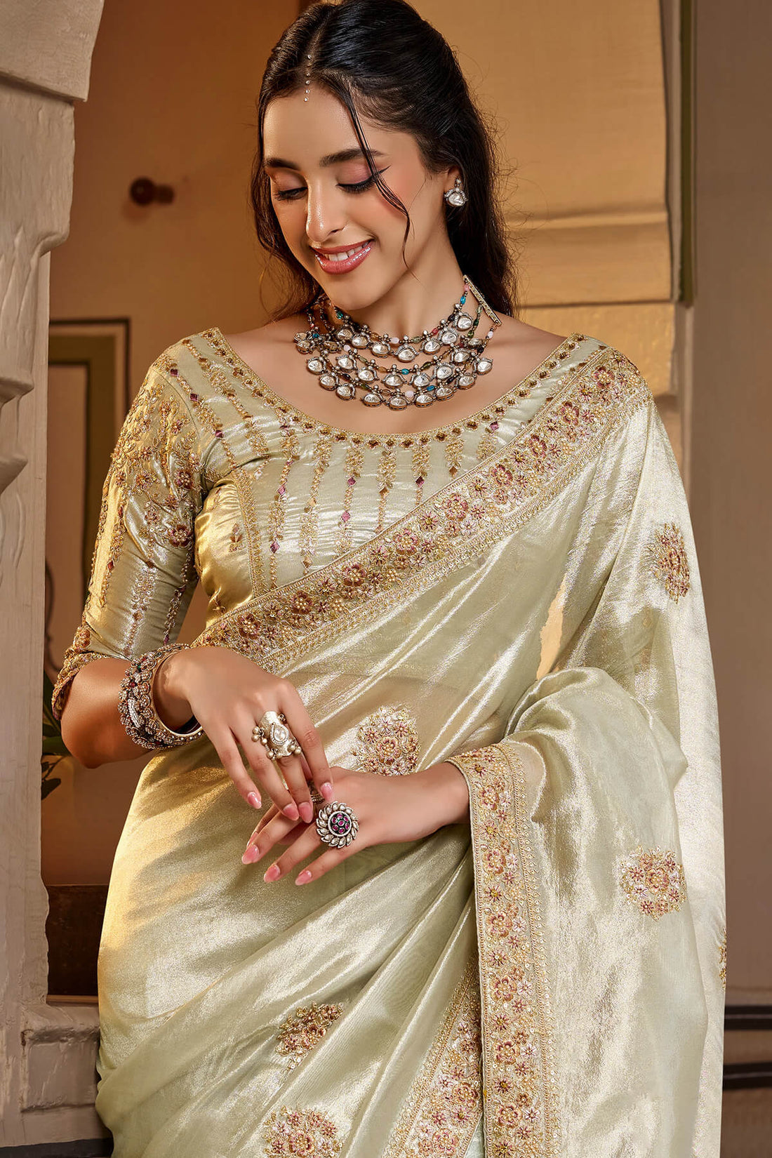 Whimsical Beige Pure Viscose Hand Embroidery Work Saree With Stitched Blouse