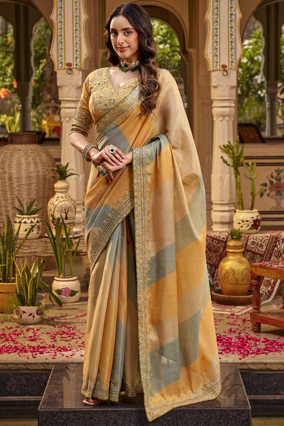 Beauteous Mustard Pure Viscose Hand Embroidery Work Saree With Stitched Blouse