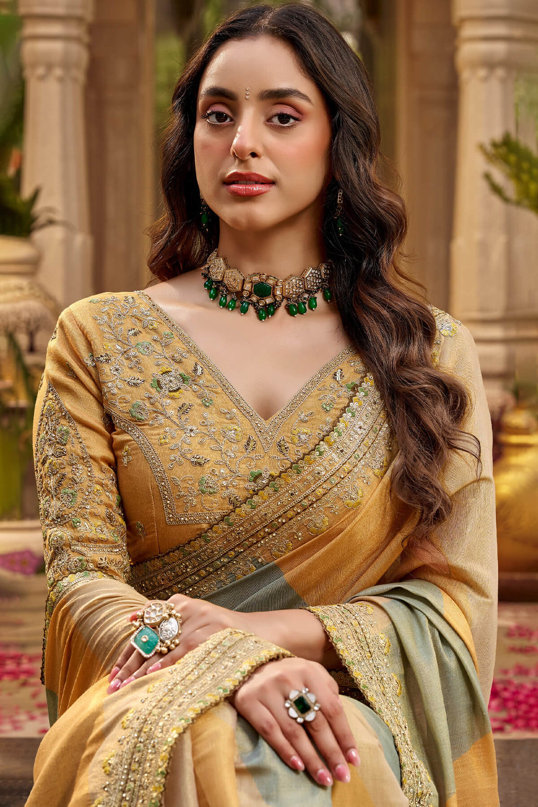 Beauteous Mustard Pure Viscose Hand Embroidery Work Saree With Stitched Blouse