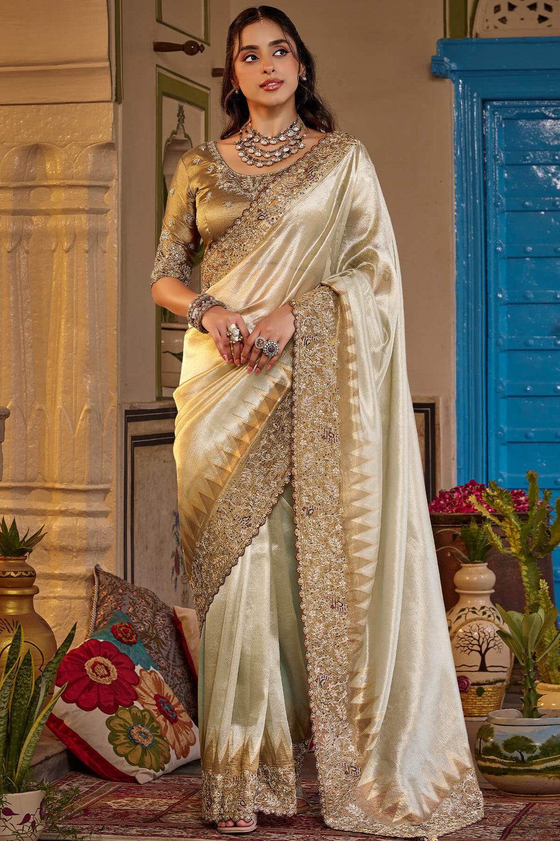 Desultory Off White Pure Viscose Hand Embroidery Work Saree With Stitched Blouse