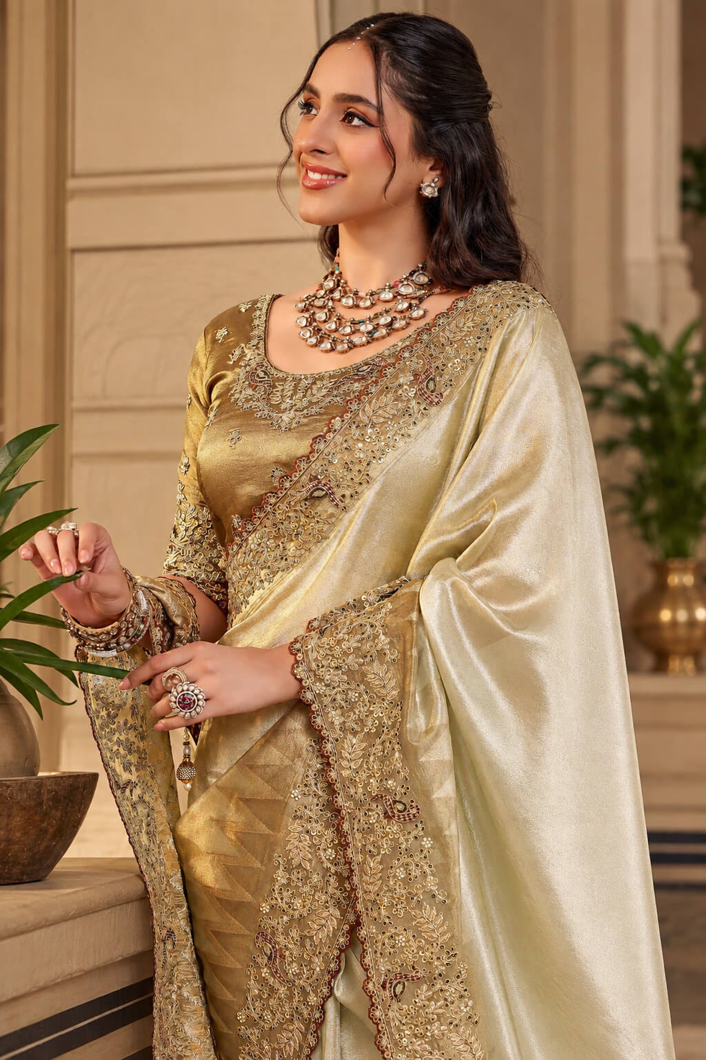 Desultory Off White Pure Viscose Hand Embroidery Work Saree With Stitched Blouse