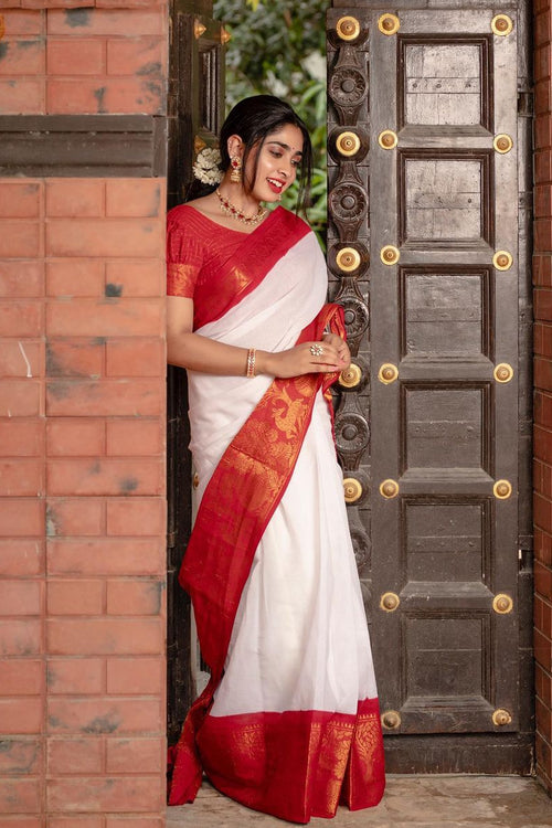 Load image into Gallery viewer, Outstanding White Soft Silk Saree With Snappy Blouse Piece
