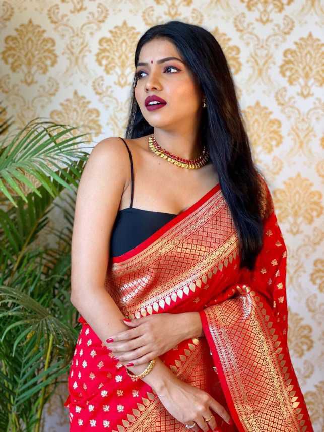 Excellent Red Soft Banarasi Silk Saree With Nemesis Blouse Piece