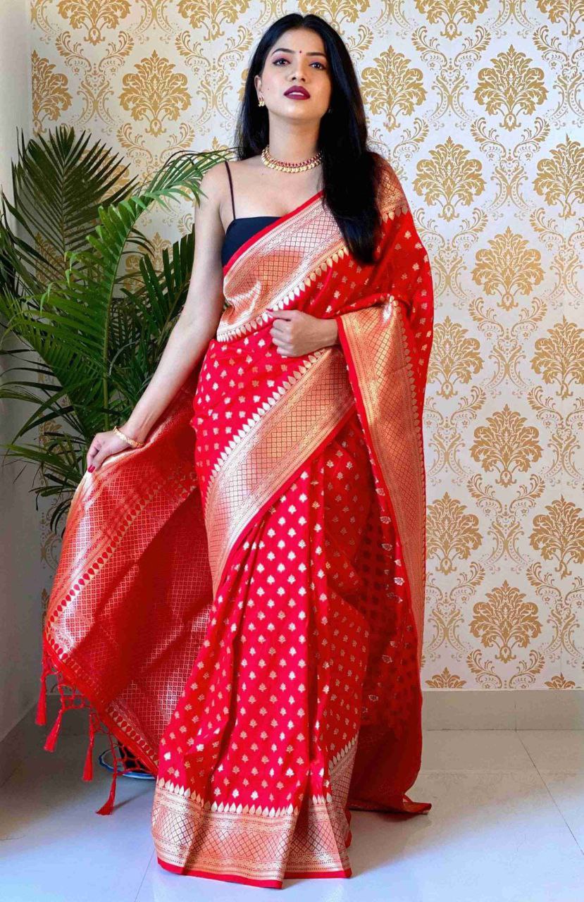 Excellent Red Soft Banarasi Silk Saree With Nemesis Blouse Piece