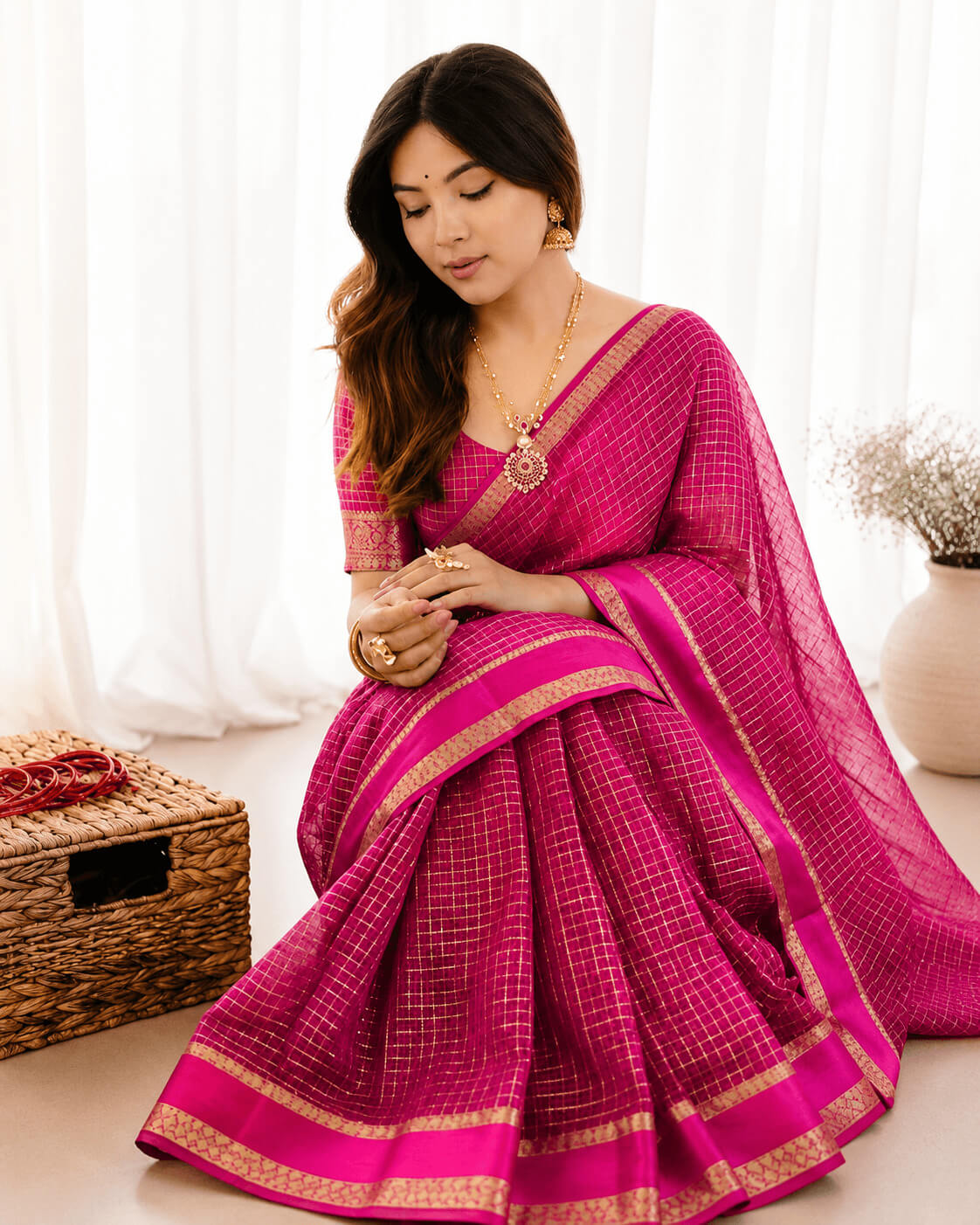 Hypnotic Dark Pink Banarasi Viscose Silk Saree With Dazzling Blouse Piece
