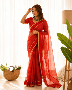 Denouement Red Banarasi Viscose Silk Saree With Smashing Blouse Piece