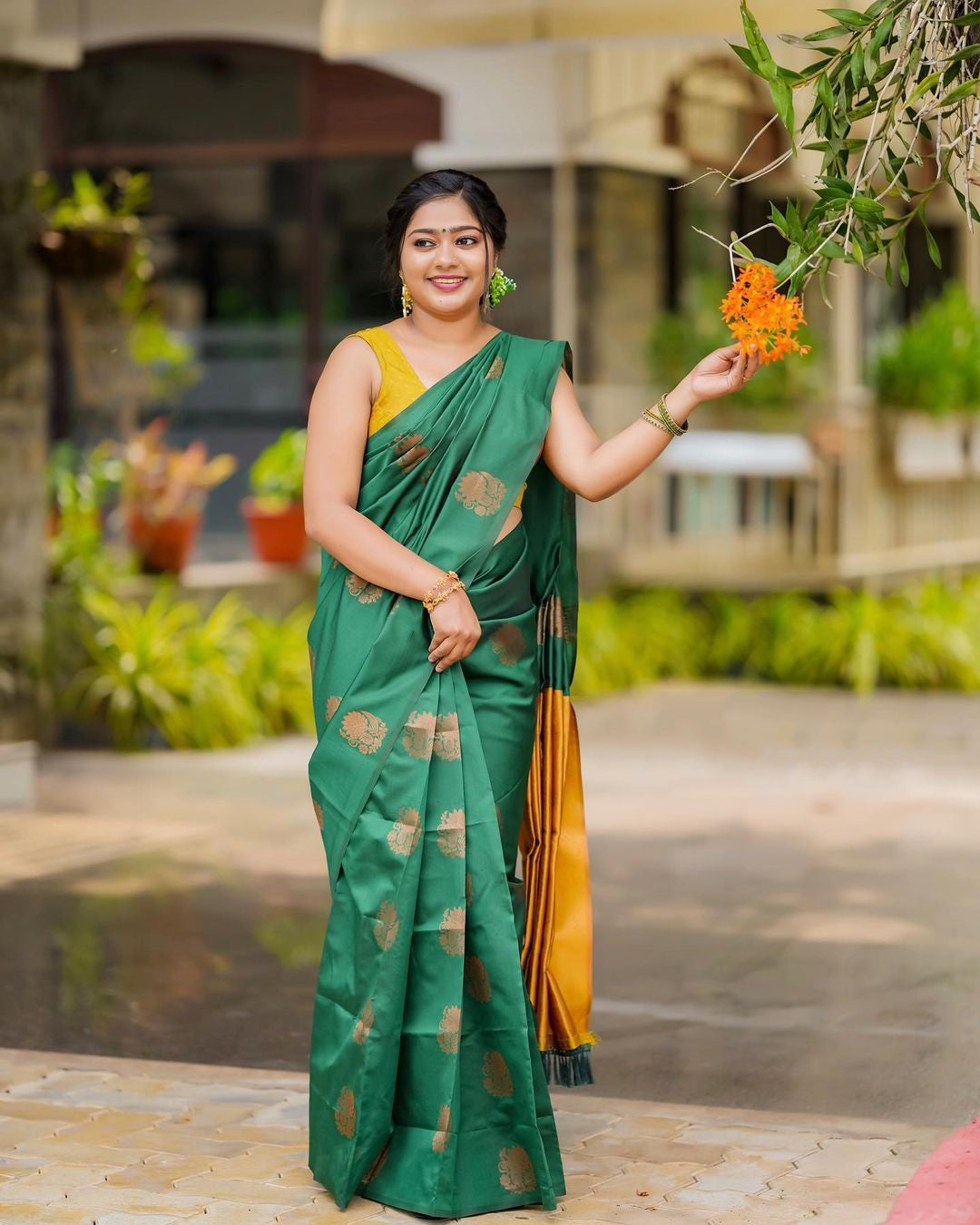 Impressive Rama Soft Silk Saree With Jazzy Blouse Piece