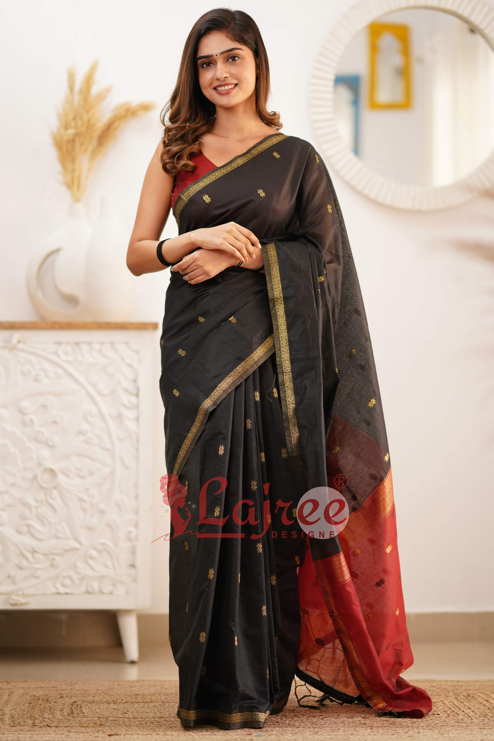 Trendy Black Cotton Silk Saree With Marvellous Blouse Piece