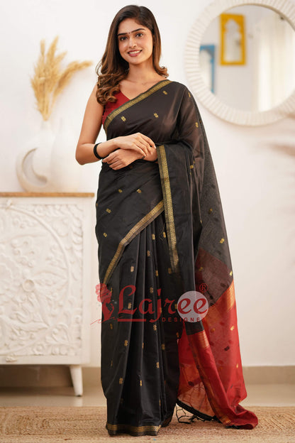 Trendy Black Cotton Silk Saree With Marvellous Blouse Piece