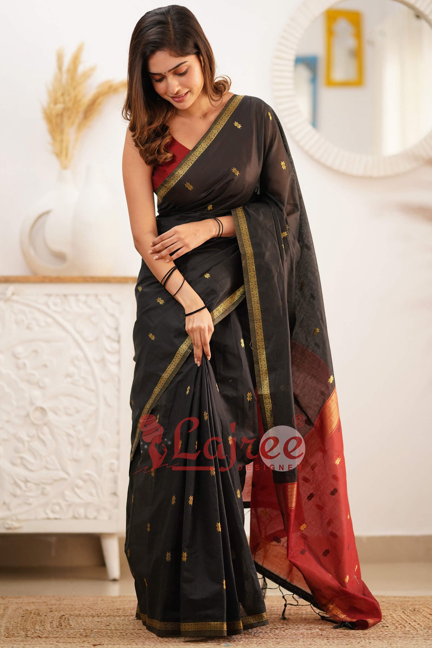 Trendy Black Cotton Silk Saree With Marvellous Blouse Piece