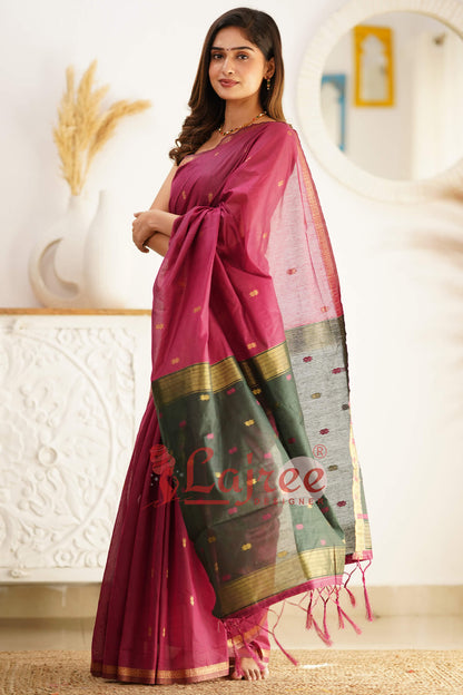 Marvellous  Dark Pink Cotton Silk Saree With Outstanding Blouse Piece