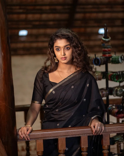 Invaluable Black Cotton Silk Saree With Woebegone Blouse Piece
